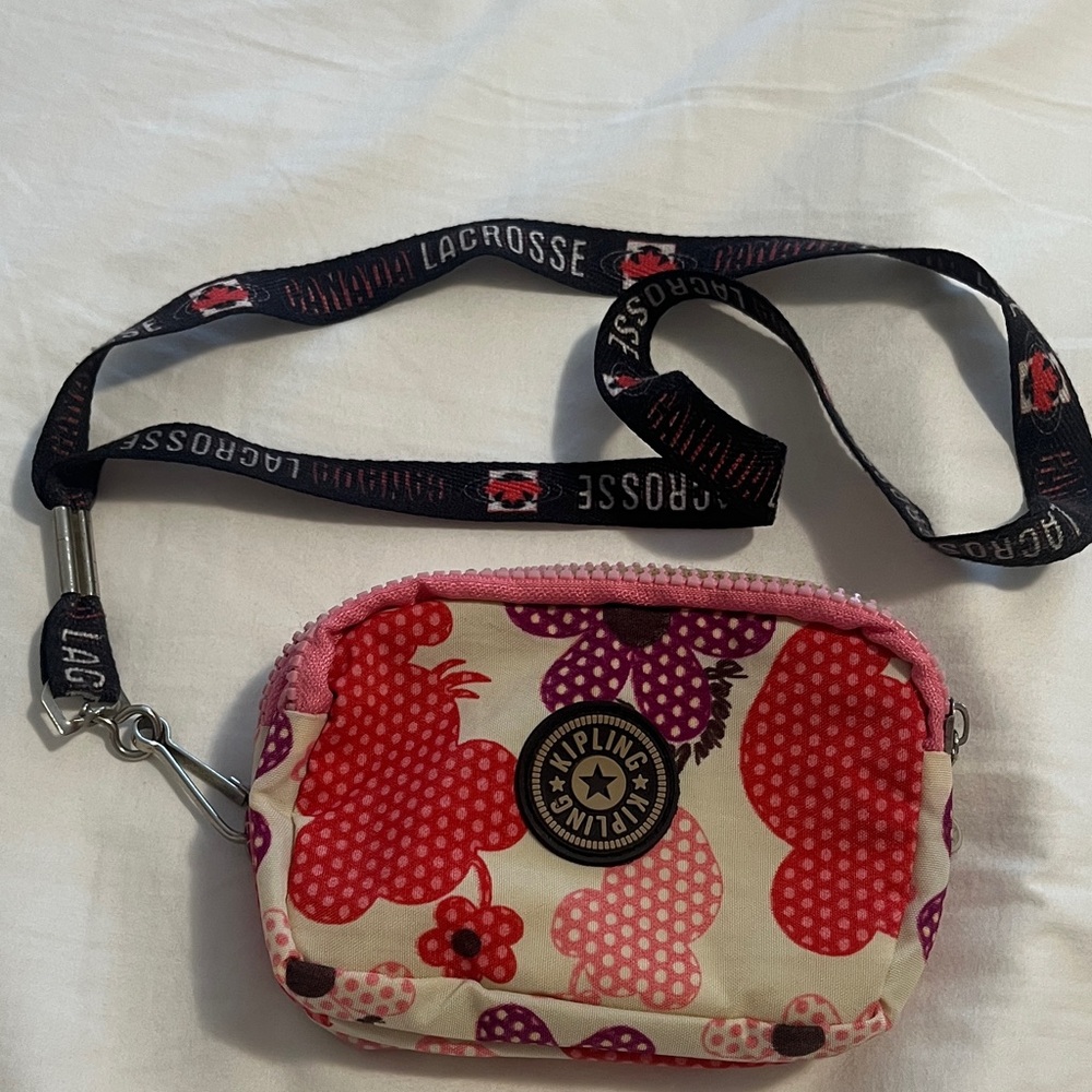 Kipling Cream/Pink 3-zippered coin purse with Canada Lacrosse Lanyard